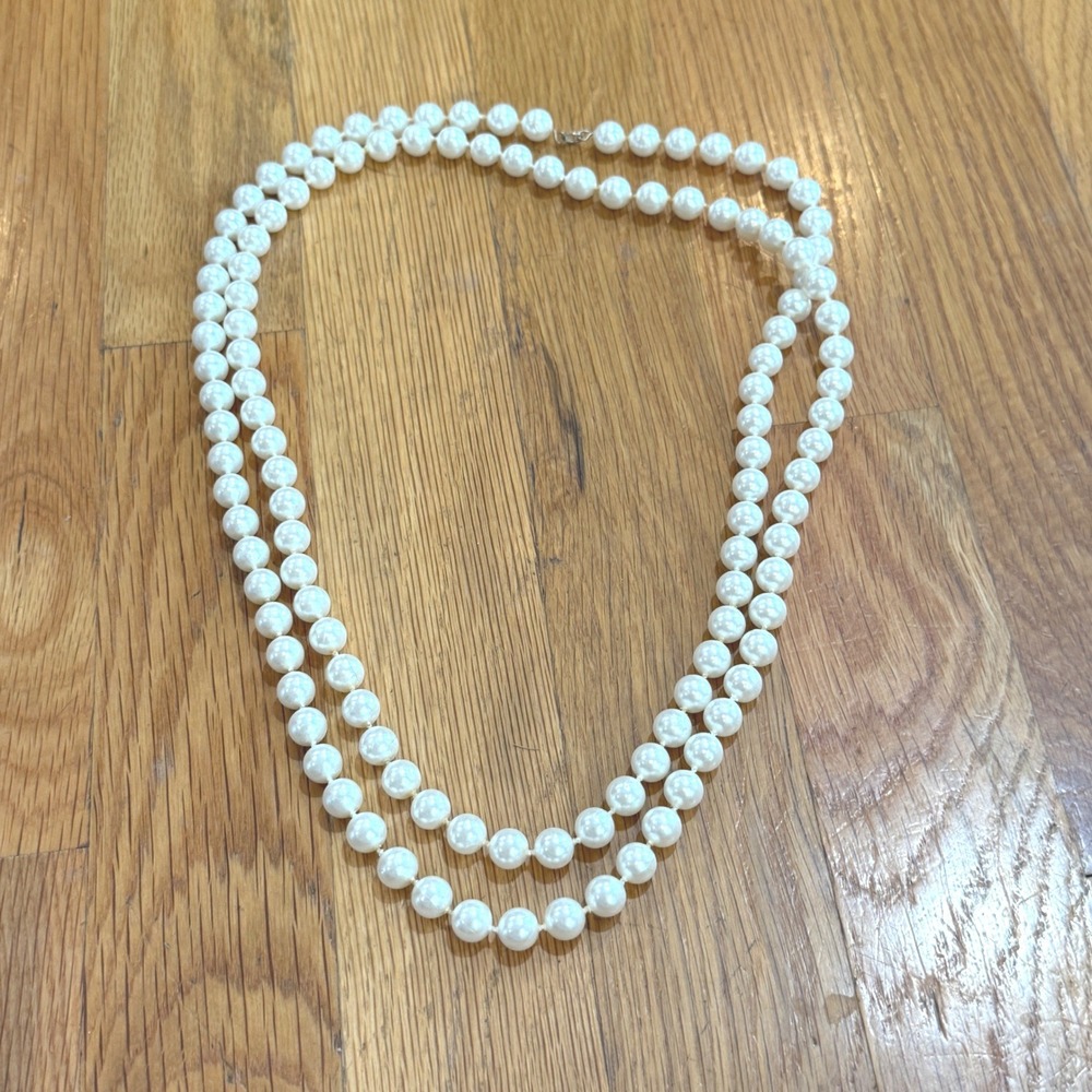 Vintage Double Strand Faux Pearl Necklace Knotted Ivory Cream 25 Inch Opera
